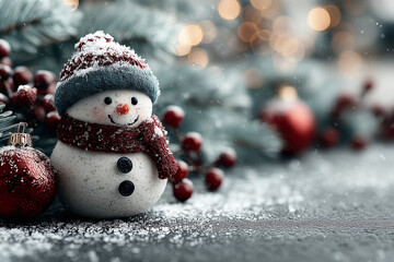 Ultra HD Christmas Background with Snowflakes, Red Ornaments, Pine Branches and Snowman, Elegant Silver-White Winter Scene with Copy Space