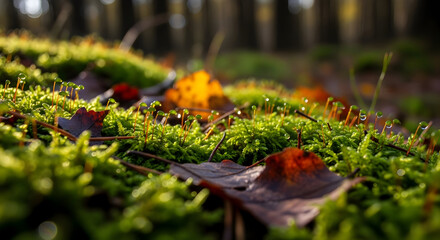 Vibrant Green Moss with Fallen Leaves in Sunny Forest