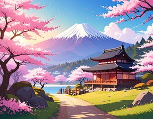 A serene Japanese landscape with cherry blossoms and a mountain