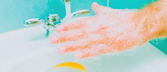 Fototapeta premium Modern Man Washing Hands with Soap at Bathroom Sink for Virus Prevention High-Quality Healthcare Hygiene Content for Marketing and Advertising Campaigns