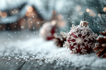Elegant Christmas Background with White Snowflakes and Red Ornaments, Winter Wonderland for Holiday Designs