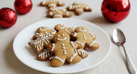 Festive gingerbread man cookies arranged on a white plate with red ornaments, creating a delightful christmas scene for the holidays