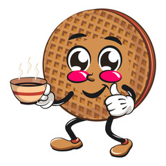 funny stroopwafel mascot character cute round waffle vector illustration with a cup of coffee or tea while giving a thumbs up, work of hand drawn