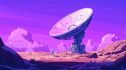 Large dish antenna on alien landscape, vibrant colors