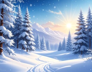 Naklejka premium Snowy winter landscape with fir trees and mountains