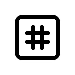 Illustration of a black hashtag symbol enclosed within a rounded square shape on a white background design element