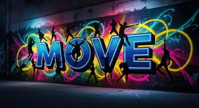 Graffiti Art "MOVE" with Dancing Silhouettes, Vibrant Colors, Urban Scene.