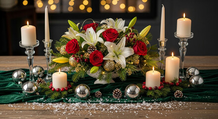 Festive christmas table decor with candles, floral arrangement, and ornaments creating a warm and inviting ambiance for a holiday gathering