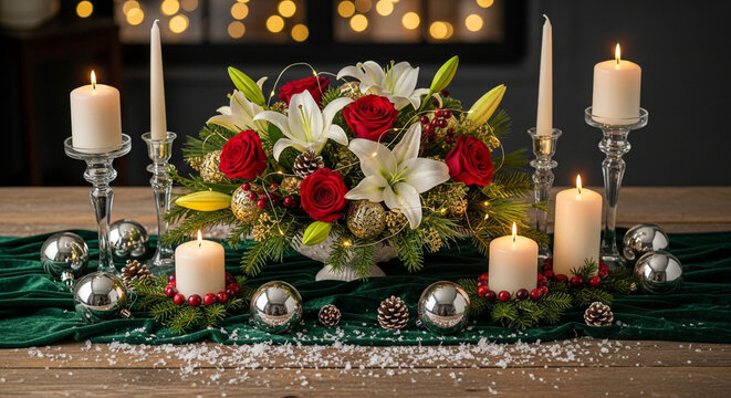 Festive christmas table decor with candles, floral arrangement, and ornaments creating a warm and inviting ambiance for a holiday gathering