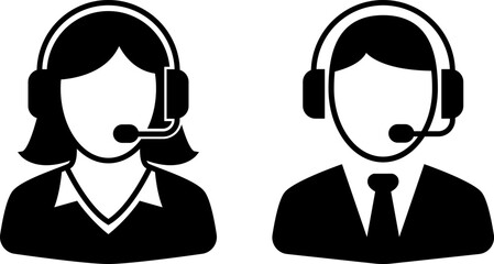 Black customer support vector icons of male and female call center operators with headsets