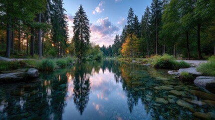 Obraz premium Tranquil Autumn Forest River Reflection at Sunset with Golden Light