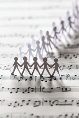Professional Harmony and Unity Music Festival Concept Modern Paper Figure Silhouettes on Sheet Music for Inspiring Event Marketing and Social Media Campaigns