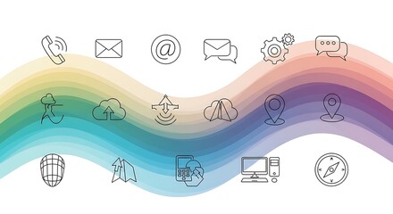 Colorful Wave of Communication Icons with Network Symbols and Gps Markers