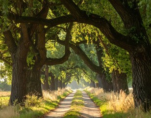 Sun-Dappled Country Lane Through a Majestic Archway of Ancient, Gnarled Trees.