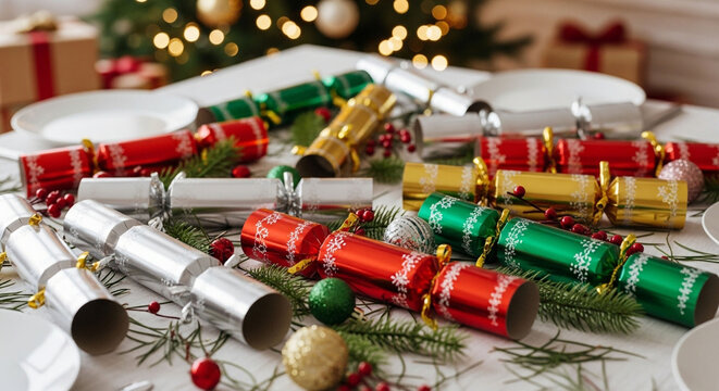 Festive christmas crackers scattered on a table, surrounded by plates, ornaments, and a blurred christmas tree, creating a joyful holiday atmosphere
