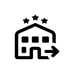 Black and white icon of a building with three stars above and an arrow pointing to the right side icon