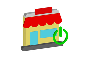 Simple 3D illustration of a store icon with a power sign. Transparent background, PNG format.