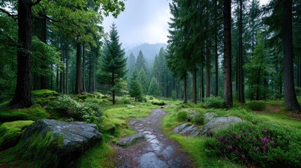 Obraz premium Lush Green Mossy Forest Path with Towering Trees and Distant Mountain Peaks Under Atmospheric Light