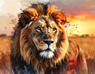Majestic lion portrait at sunset