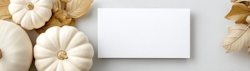 Creative Pumpkin Season Ideas for Autumn Inspiration, A serene autumn arrangement featuring white pumpkins and a blank card on a light background.