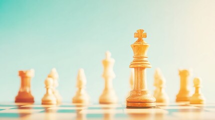 Premium strategic chessboard leadership concept with wooden king piece focus for modern business and education marketing campaigns inspiring teamwork and vision