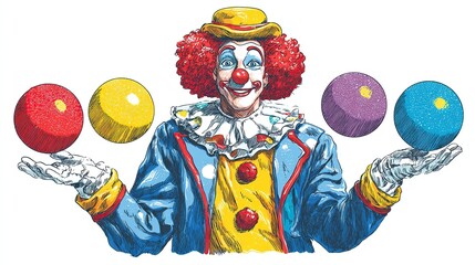 Smiling clown balancing colorful balls on his hands in a joyful performance