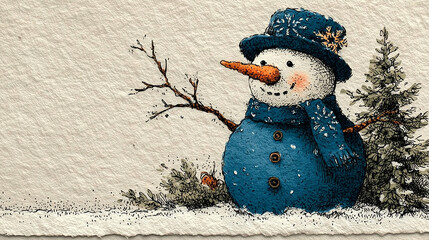 Hand-painted Christmas border with minimalist snowman illustration, blue snowflakes and editable white space, clean background
