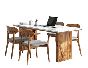 Wooden Table with Chairs and Laptop Workspace Setup