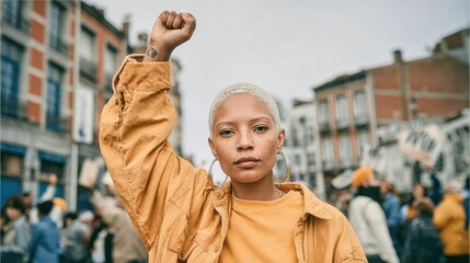 Empowered Young Woman Raising Fist in Protest Urban Street Setting Authentic High-Quality Social Justice Content for Modern Marketing Campaigns