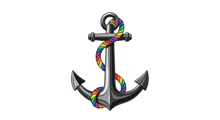 A metallic anchor with a rainbow rope wrapped around it, , symbolizing hope, diversity, and strength in a simple yet impactful design