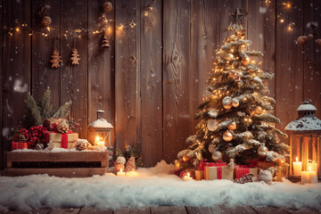 Rustic wooden wall Christmas scene with gold-decorated tree, red gifts, gingerbread and mistletoe, snowy ground and candles

