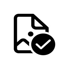 Illustration of a document with folded corner and image inside with a checkmark in a circle icon