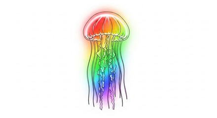 A vibrant jellyfish with rainbow colors and long tentacles floats gracefully, its bioluminescent glow adds to its beauty