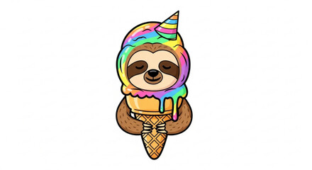 A cute sloth wearing an ice cream cone hat with rainbow colors holds another ice cream cone, it is adorable