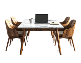 Wooden Table with Chairs and Laptop Workspace Setup