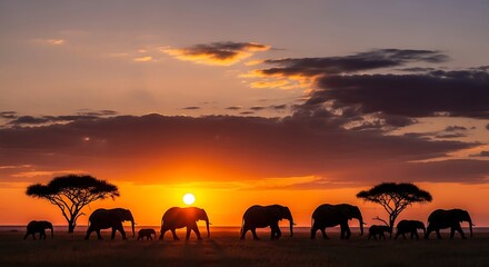 Silhouette of a herd of elephants walking across the savanna at sunset, with acacia trees under a dramatic sky