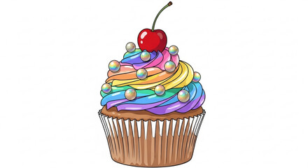 A delightful cupcake, adorned with rainbow frosting, shimmering pearl sprinkles, and a luscious red cherry on top, a sweet treat