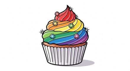 A sparkling rainbow cupcake, adorned with gems and vibrant colors, perfect for celebrating pride and sweet treats