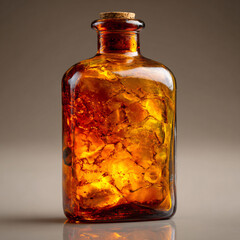 Antique Amber Glass Bottle with Cork Stopper and Illuminated Natural Amber Pieces