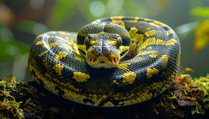 Fototapeta premium Close-up of a colorful snake coiled on a mossy branch