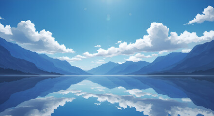 Serene Mountain Lake Landscape with Blue Sky and Fluffy Clouds