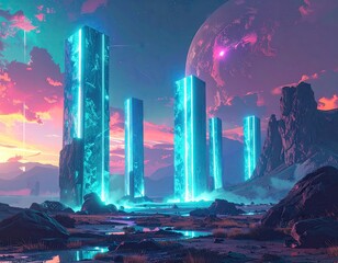 A vibrant landscape showcases towering, glowing structures against a breathtaking, colorful sunset and celestial body.