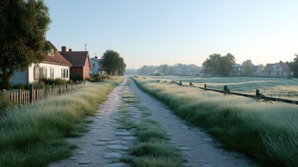 Rural Dirt Road Through Meadow Under Clear Sky in Countryside Landscape