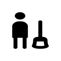 A simple black and white icon depicting a person standing next to a broom or mop, representing cleaning tasks
