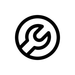 A simple black and white icon featuring a wrench centered within a bold circular outline design element