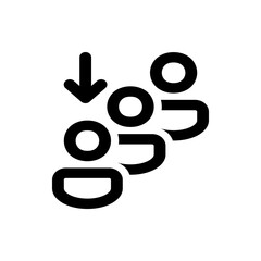 A simple black and white icon depicting a group of people with an arrow pointing to the front person