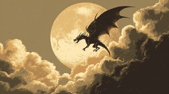 Dragon silhouetted against full moon, flying above textured clouds in vintage tones