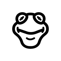 A simple black and white line drawing of a frog face with big eyes and a smiling mouth illustration