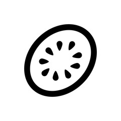 A simple black and white illustration of a sliced kiwi fruit with seeds on a plain white background image
