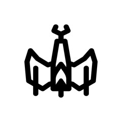 A simple black and white line drawing of a stylized insect with wings and antennae on a white background